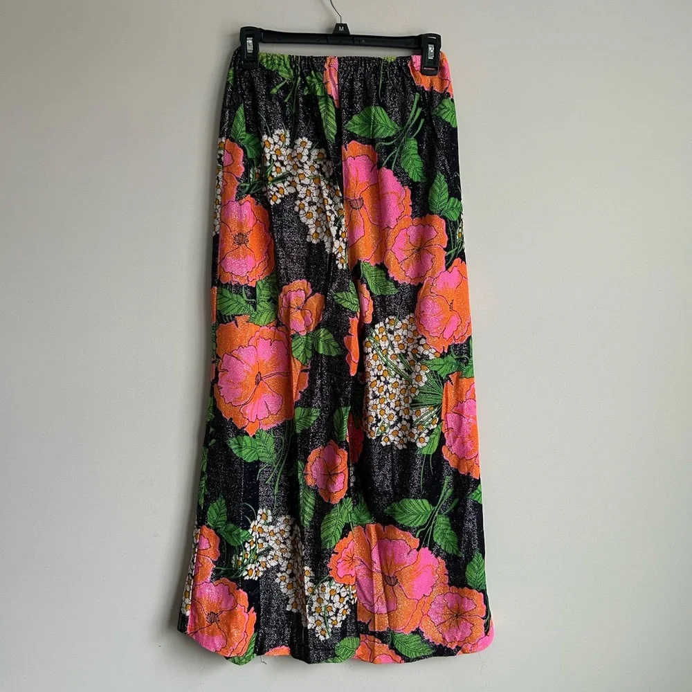 Vintage 70s Elaine Sklar Lingerie Co Metallic Floral Print 2 Piece Lounge Set M - Picture 9 of 11